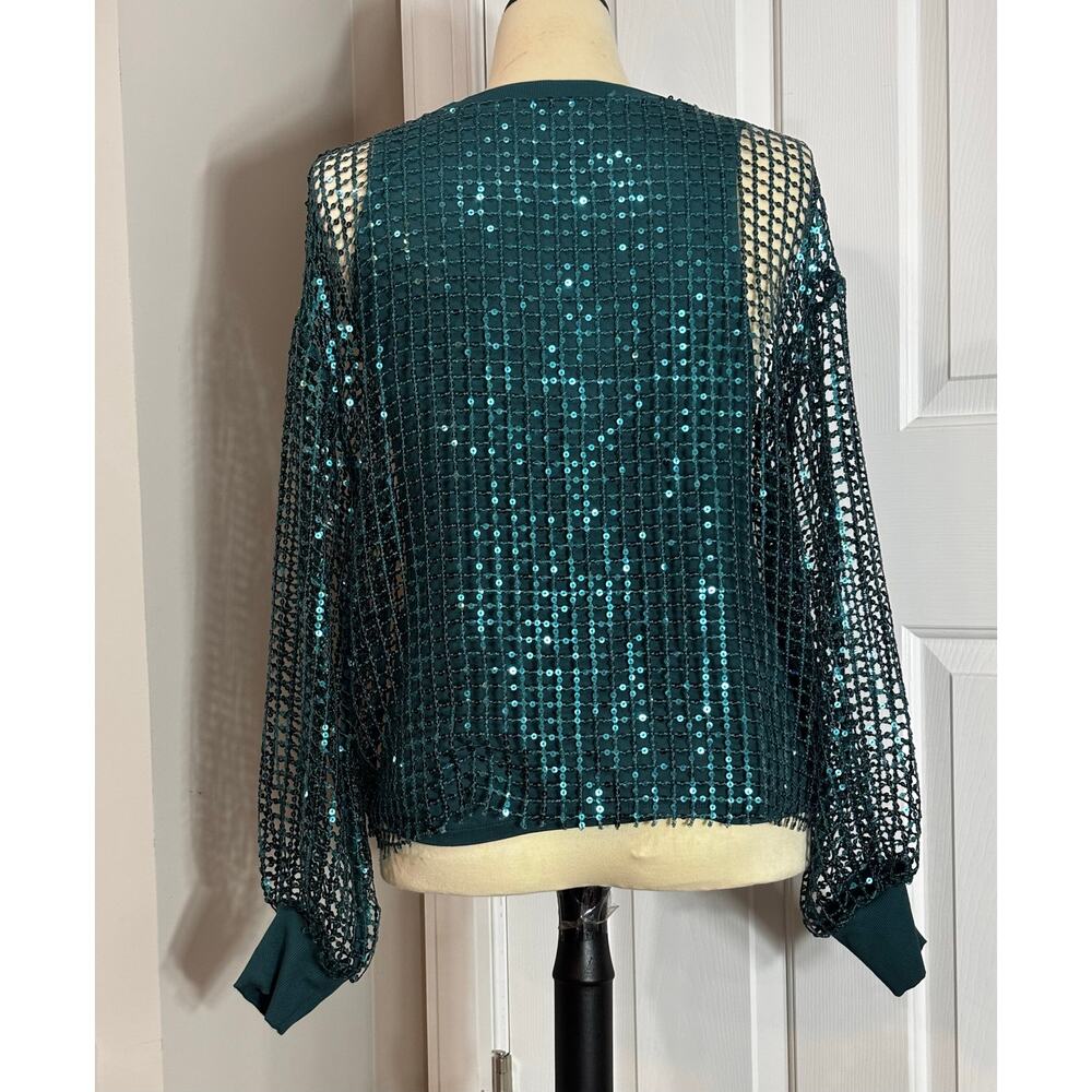 Pilcro Anthropologie Sequin Top Balloon Sleeve Sz M Blue Green Top - Picture 11 of 11